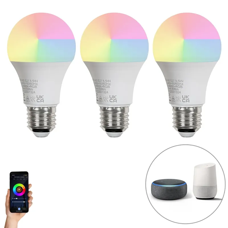 3 db-os készlet okos E27 LED izzó A60 matt RGBW 8,5W 806lm 2700K Kedvezmény