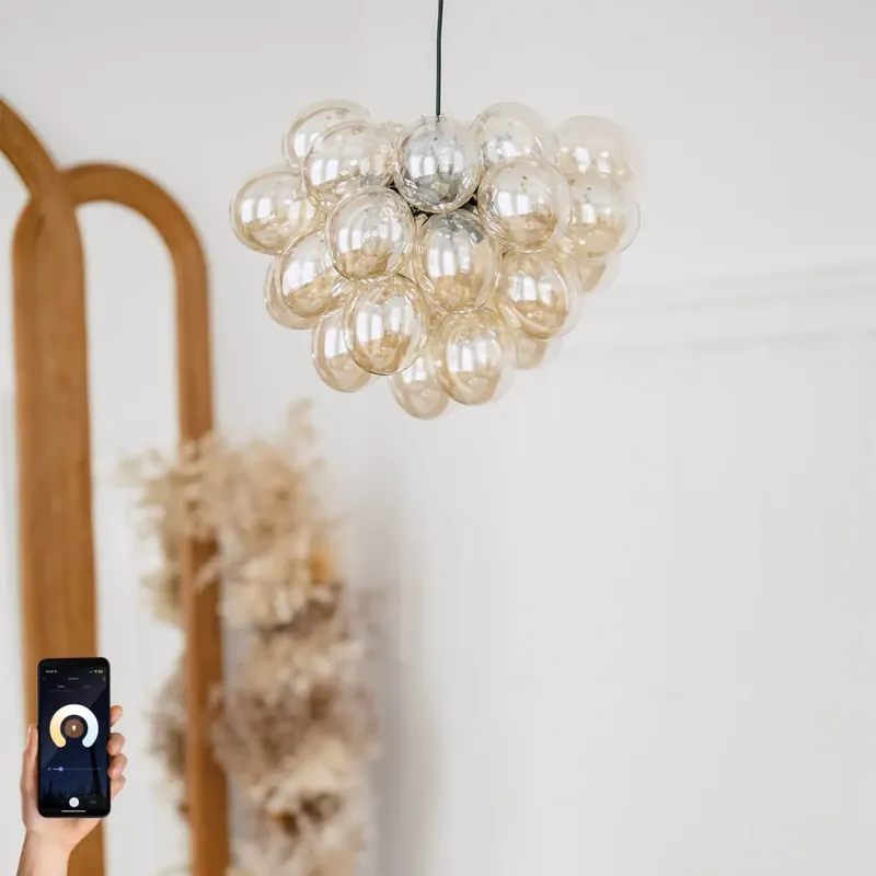 Okos függőlámpa fekete borostyánsárga üveggel, 8 WiFi G9-es foglalattal - Uvas Kiárusítás