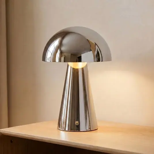 Biztonságos fizetés Lindby LED tölthető asztali világítás Nevijo, króm, Ø20cm, USB, dimmelhető