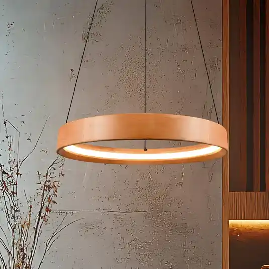 Outlet LED lógó lámpa Lynwood, Ø 50 cm, fa színű, fa, dimmelhető