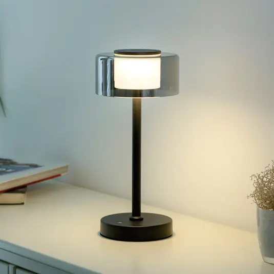 Újdonság RIKA LED tölthető asztali lámpa, fekete, 33 cm, fém/üveg, érintéses