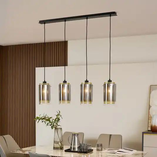 Lucande függőlámpa Sterzy, 105 cm hosszú, szürke, üveg, 4 lámpás. Prémium