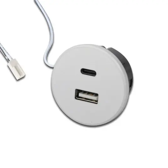 Azonnal elérhető USB-A konnektor + USB-C, fehér, bútorszerelés, 24V bemenet, 20W