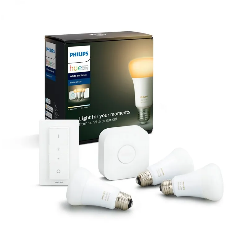 Philips Hue 8718699673345 Starter kit 3x LED izzó + távirányító Dimmer Switch + Bridge 9,5W E27 - Bluetooth, White Ambiance Akciós ár