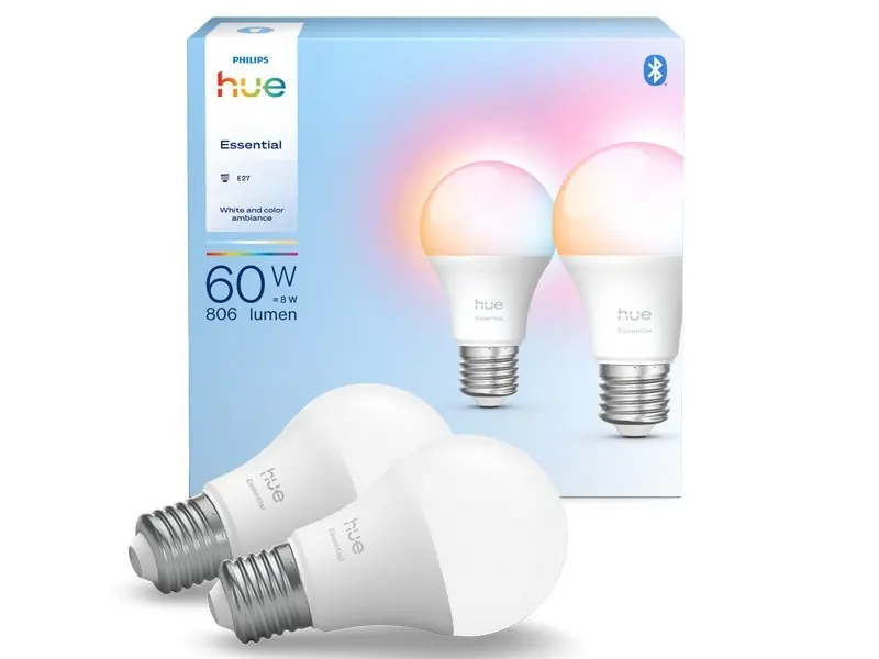 Árengedmény Philips Hue 8720169392243 LED izzókészlet Essential 2x8W E27 LED 806lm 2200-6500+RGBK fényerőszabályzó rgb - színes intelligens HUE White and Color Ambiance HUE Kedvezményes készlet fehér